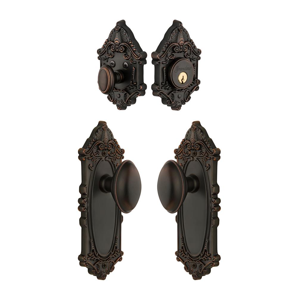 Grandeur by Nostalgic Warehouse Single Cylinder Combo Pack Keyed Differently - Grande Victorian Plate with Eden Prairie Knob and Matching Deadbolt in Timeless Bronze